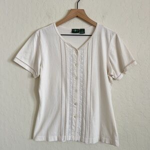 Vintage Hunt Club 100% Cotton Short Sleeve Button Front Lace T-Shirt Small Ivory
